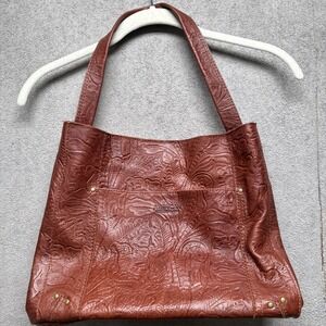 American Leather Co Tooled Brown Leather Tote Shoulder Bag Purse Boho Western
